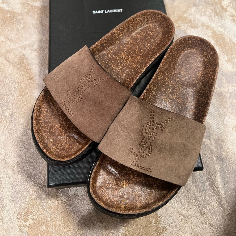 YSL suede embroidered slides